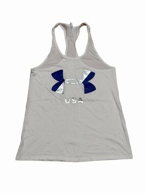 Under Armour HeatGear USA White Racerback Loose Tank Blue Silver Logo Size Small